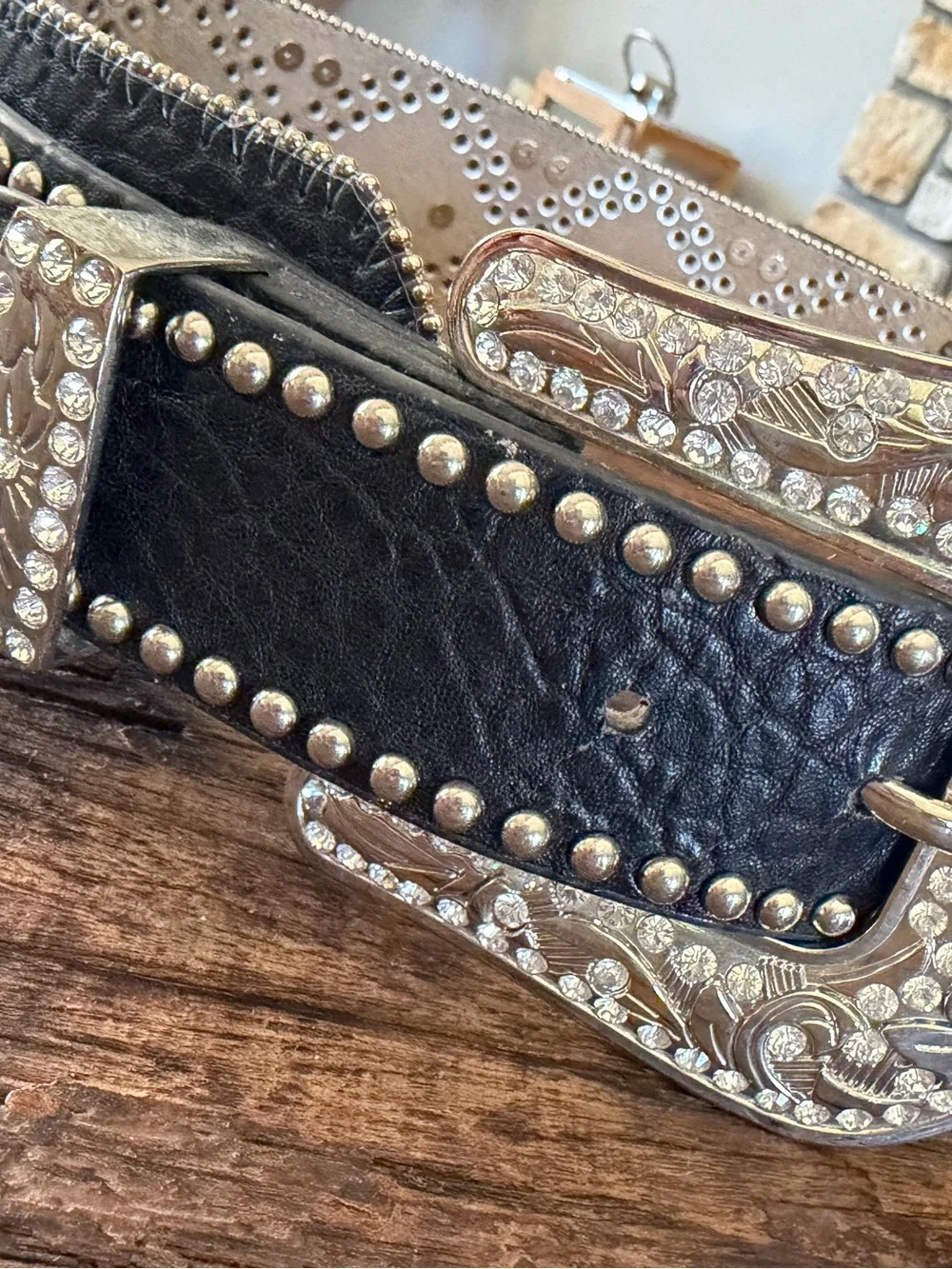 Women's Black Crystal Western Belt with Ornate Silver Buckle small